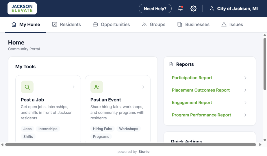 Jackson Elevate Community Portal home screen