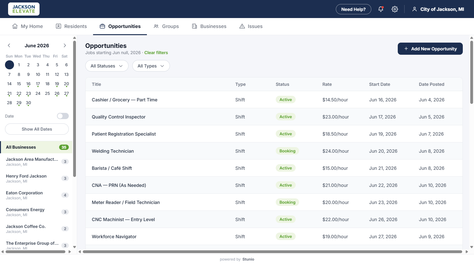 Opportunities screen